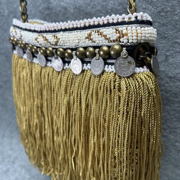 Elliot Mann NY Firefly Handbag Crossbody Beaded Gold Fringe Coins Studs Boho - Picture 5 of 10